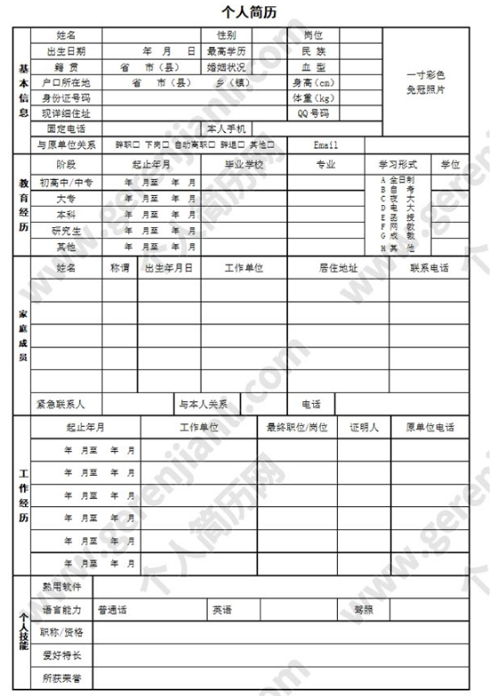 标准空白个人简历表格word